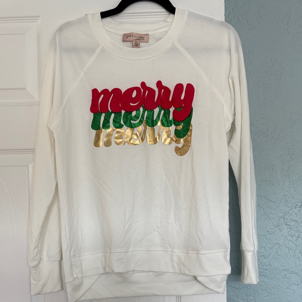 Philosophy White Sweatshirt with Red, Green, and Gold Text